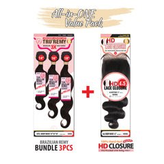 Eve Hair Tru Remy 12A  Body Wave Brazilian 4x5 Lace Closure +3PCS Bundle Hair - Beauty Bar & Supply